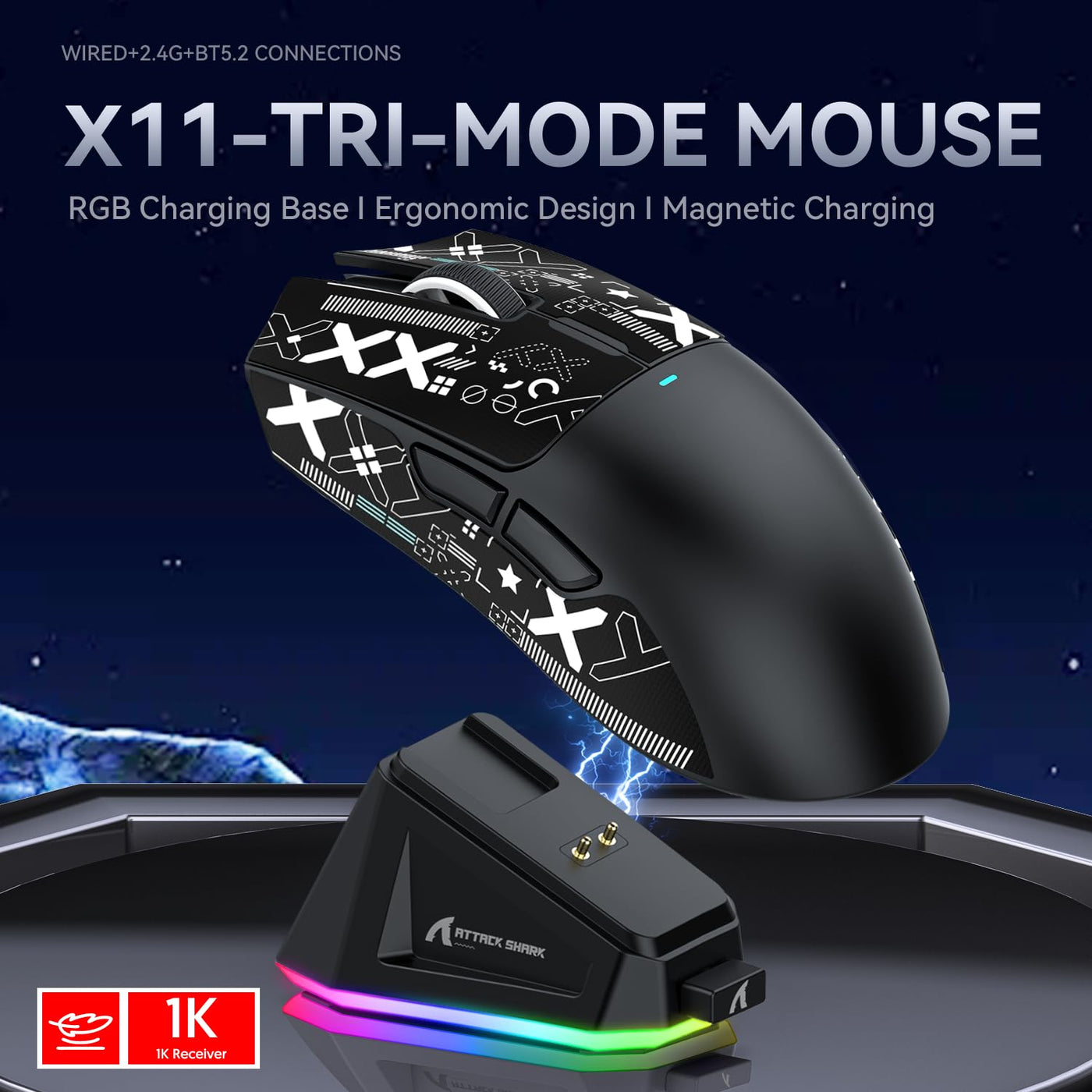 ATTACK SHARK X11 Gaming Mouse mit Magnetic Charging Dock, PixArt PAW3311 Gaming Sensor, BT/2.4G Wireless/Wired Gaming Mouse mit Mouse Grip Tape, 22000 DPI, Gamer Mice for Win11/Xbox/PS/Mac (Schwarz)