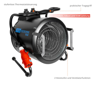 Güde Elektroheizer GH 9 E (9 kW, 2 Heizstufen 4,5/9 kW, Ventilatorfunktion, Gebläseleistung 742 m³/h, Neigungs- und Ausblaswinkel, Überhitzungsschutz, Kippschutz, stufenloser Thermostat)