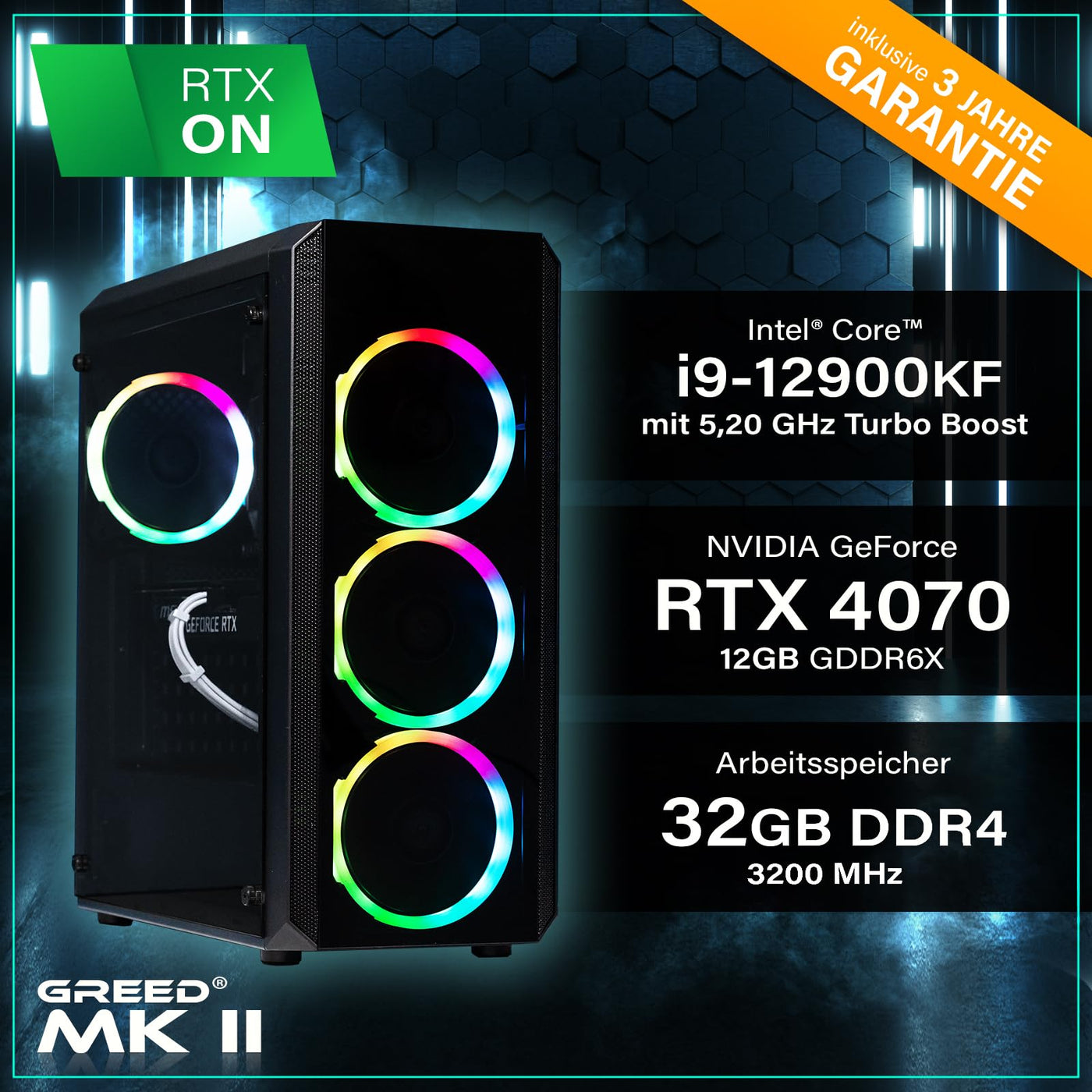 Greed®MK2 Pro - High End Gaming PC - Intel Core i9 12900KF+ Nvidia Geforce RTX 4070 12GB - Ultra Schneller RGB Computer + 4K Raytracing Rechner mit 5,2 GHZ - 32 GB DDR4 RAM - 1TB SSD - WLAN + W11 Pro