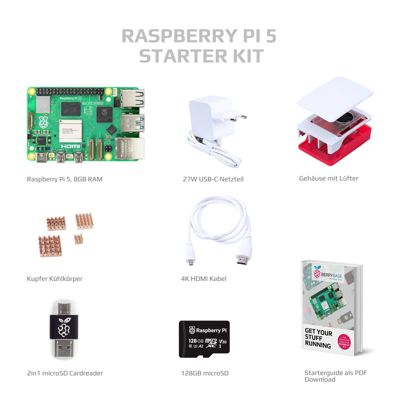 BerryBase Raspberry Pi 5 8GB Starter Kit; 128GB microSD; 27W USB-C Netzteil; Raspberry Pi 5 Gehäuse mit Lüfter; 4-teiliges Kupfer-Kühlkörper-Set; 4K Micro HDMI Kabel 1m; 2-in-1 SD Kartenleser