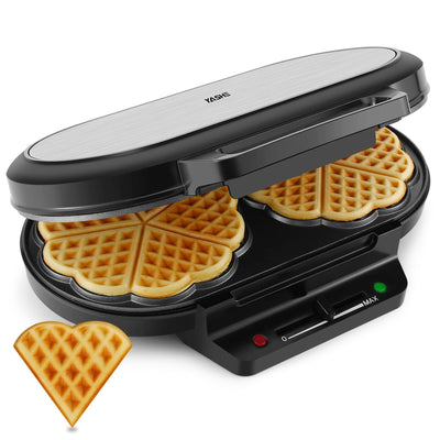 YASHE SW-2122M Waffeleisen Herzform Doppelt, 10 Klassische Herzförmige Waffeln mit Antihaftbeschichtung, 5 Einstellbare Temperaturstufen, Kontrollleuchten, Überlaufschutz, 1200W, Silber/Schwarz