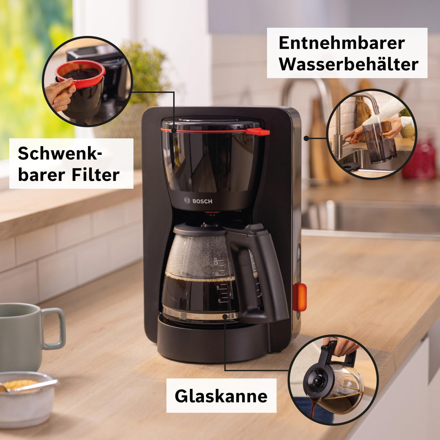 Bosch Filterkaffeemaschine MyMoment TKA2M114, Glaskanne 1,25 L, für 10-15 Tassen, 40min Warmhaltefunktion, Tropfstopp, schwenkbarer Filterträger, abnehmbarer Wassertank, 1200 Watt, Rot matt