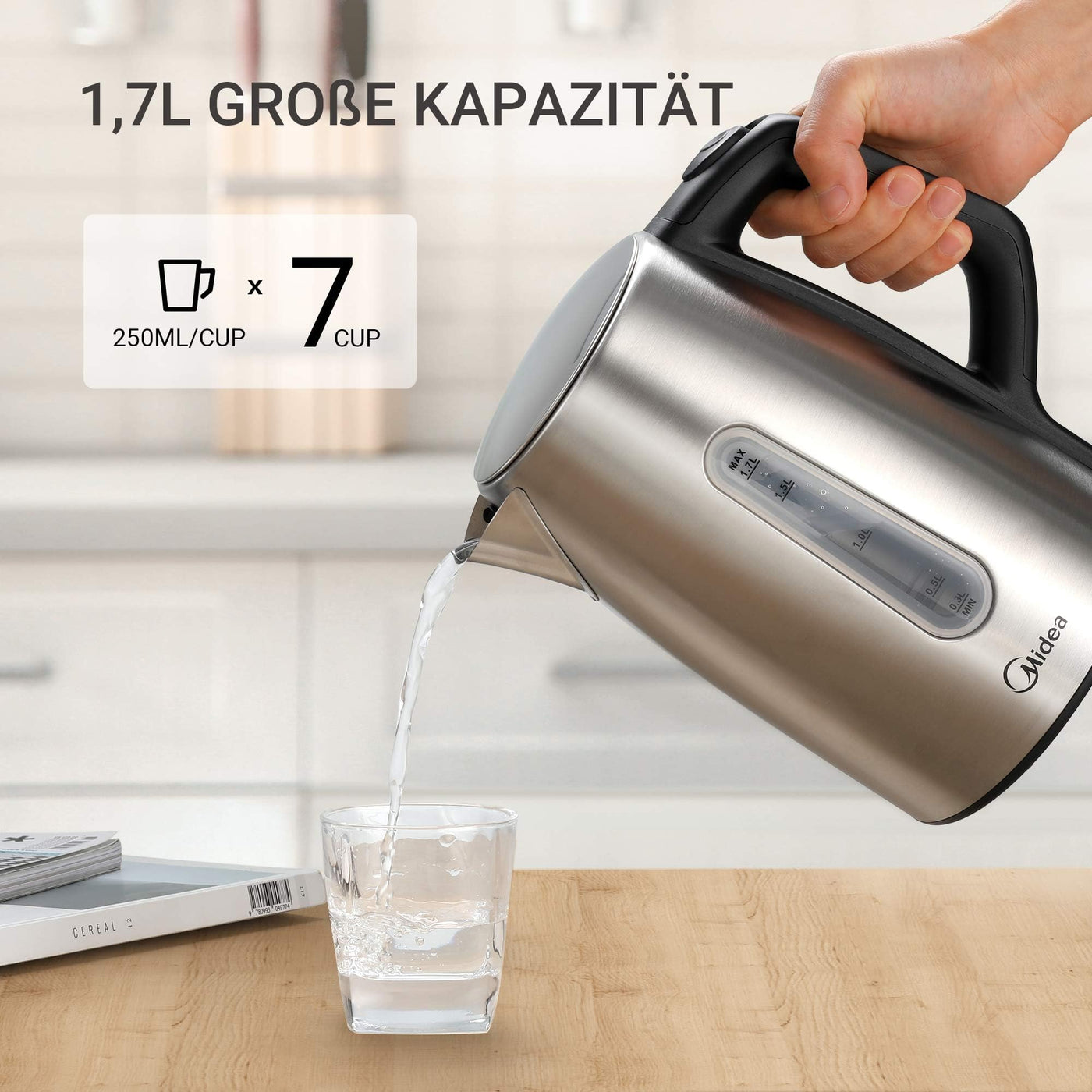 Midea Wasserkocher mit Temperatureinstellung (40, 60, 70, 80, 90, 100 Degree C),Edelstahl 1,7 Liter,Kettle 2200W mit Sichtfenster, Warmhaltefunktion für 60 Min