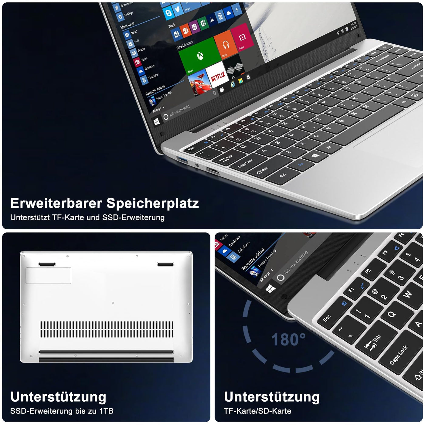 bvate Laptop 14 Zoll Win11 256GB SSD Unterstützung 1TB Notebook Celeron N4020(bis2.8GHz) 1080p WiFi BT4.2 Deutscher Tastaturschutz und kabellose Maus-Silber