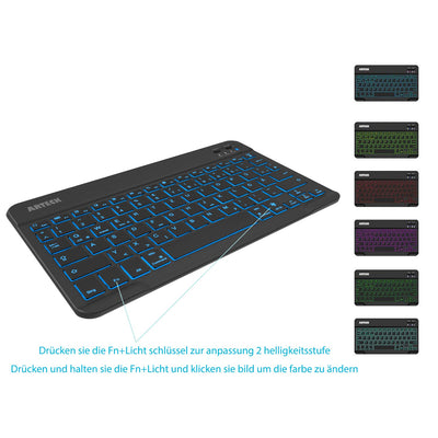 Arteck Bluethooth QWERTZ Deutsche Wireless Tastatur mit 7 Farben Ultraleicht und dünn Tragbare Kabellose, für iPad Pro, Air, Mini, Android, MacOS, Windows, Tablets, PC, Smartphone