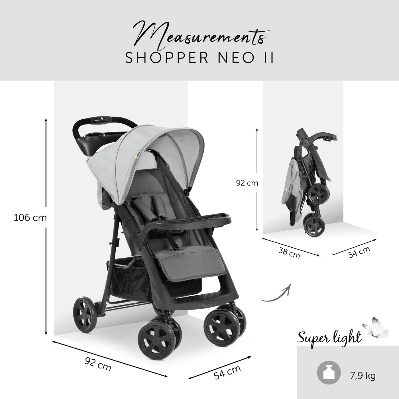 hauck Buggy Shopper Neo II mit 2 Getränkehalter und Snack-Tablett, Einhändig Klein Faltbar, ab Geburt bis 22 kg mit Liegefunktion, Tasche im Verdeck, XL Korb bis 3 kg (Grey)