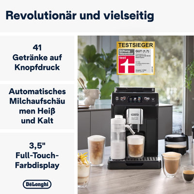 De'Longhi Eletta Explore ECAM452.57.G Kaffeevollautomat mit LatteCrema Milchsystem, heiße und kalte Getränke auf Knopfdruck, 3,5 Zoll TFT Touchscreen Farbdisplay, Kaffeekannen inklusive, schwarz