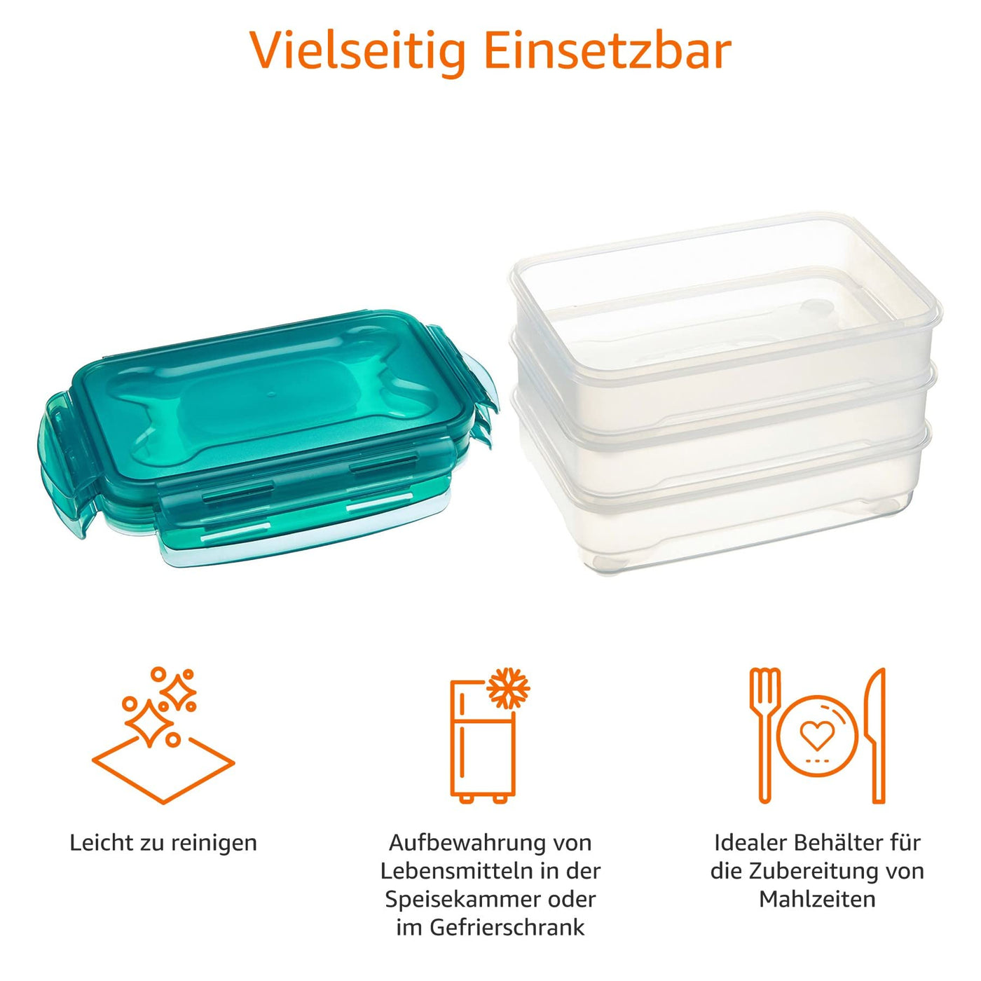 Amazon Basics Gefrierbehälter im Set, mit Deckel, luftdicht, auslaufsicher, stapelbar, für Kühlschrank/Gefriertruhe, BPA-frei, Kunststoff, mikrowellen- und spülmaschinenfest, 3 x 1.2 l, farblos