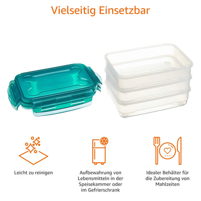 Amazon Basics Gefrierbehälter im Set, mit Deckel, luftdicht, auslaufsicher, stapelbar, für Kühlschrank/Gefriertruhe, BPA-frei, Kunststoff, mikrowellen- und spülmaschinenfest, 3 x 1.2 l, farblos