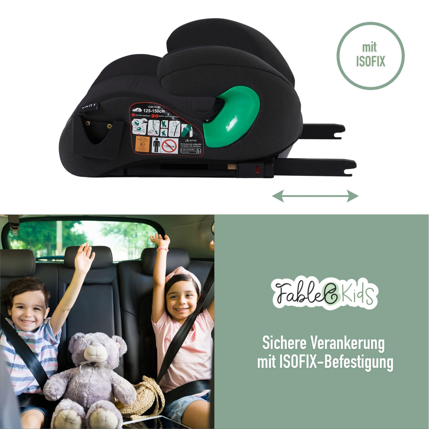 FableKids Sitzerhöhung Auto Kinder Isofix | 3-Punkt-Sicherheitsgurt | Kindersitzerhöhung bis 5 Jahre | Autositz für Kinder 125-150cm mit Becherhalter | ECE R129/03 | Schwarz