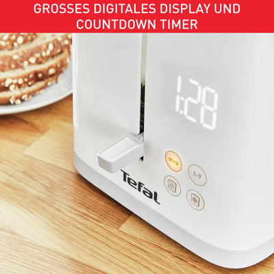 Tefal TT6931 Sense Toaster | 7 Bräunungsstufen | Digitaldisplay | Countdown | Aufwärmen/Auftauen | Krümelschublade | Stopp-Taste | Weiß