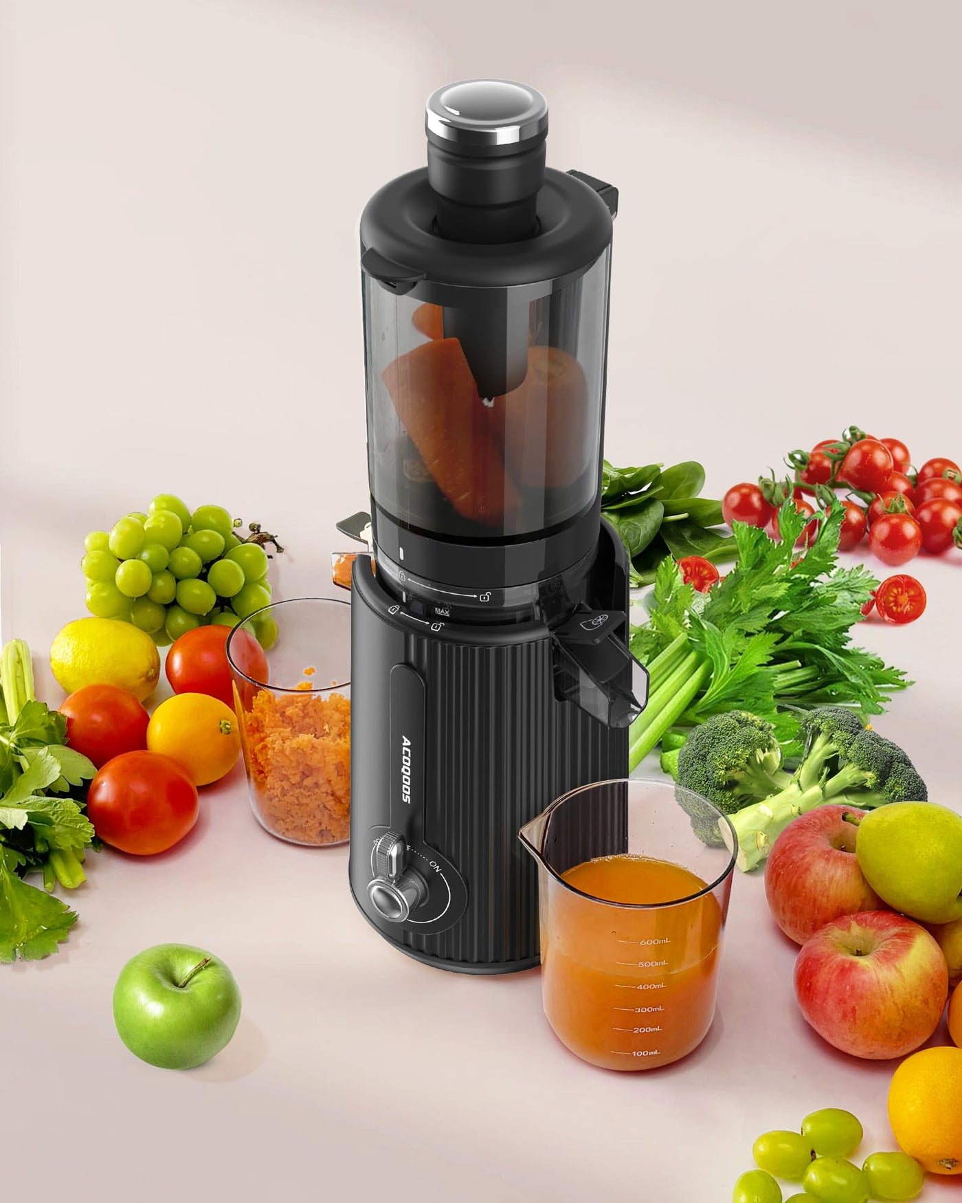 ACOQOOS Entsafter, Entsafter Gemüse und Obst with 110MM Einfüllöffnung, Leicht zu Reinigen Slow Juicer Machine with 2 Cups Schwarz