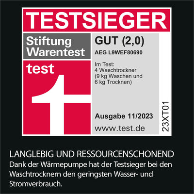 AEG Waschtrockner mit Wärmepumpe Serie 9000 SensiDry® / Testsieger der Stiftung Warentest / 9 kg Waschen / 6 kg Trocknen / C / Mengenautomatik / Nachlege- und Dampffunktion / 1600 U/min / L9WEF80690