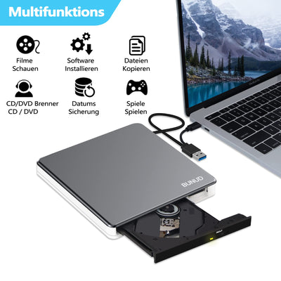 BUNUD Externes DVD Laufwerk, CD Laufwerk Extern USB mit 2 USB SD TF Ports, Externer CD/DVD Brenner und Player, Externes CD Laufwerk für Laptop Windows Mac PC MacBook