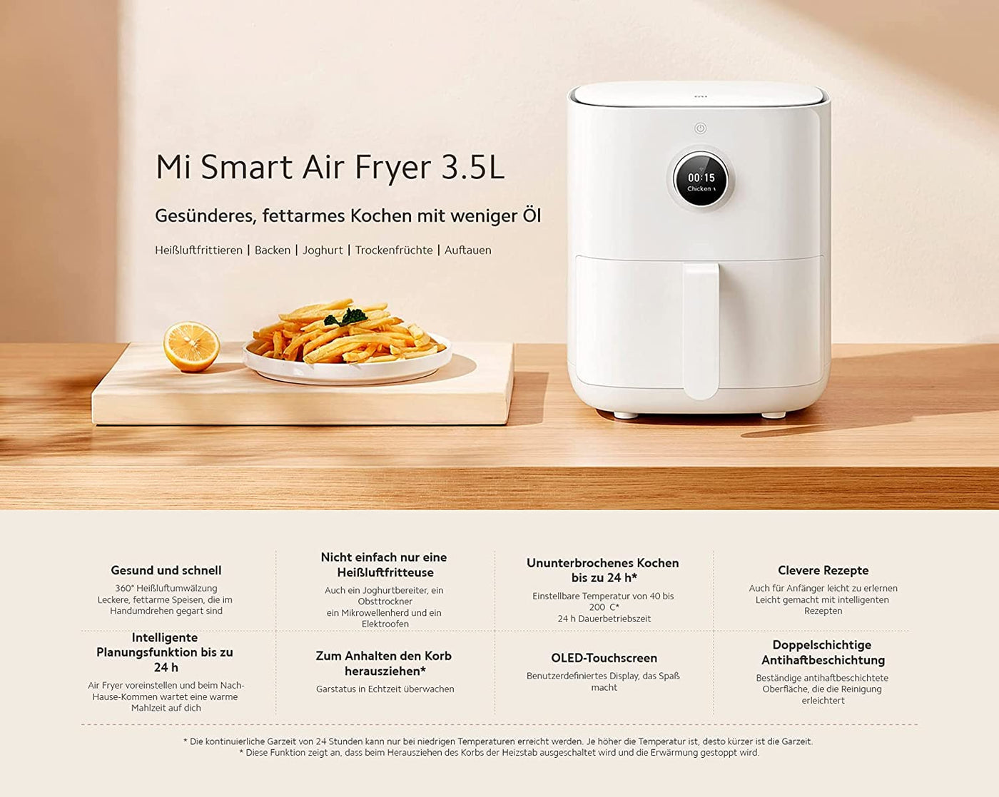 Xiaomi Mi Smart Air Fryer 3,5L Heißluftfritteuse mit OLED Display & optionaler iOS/Android Mi Home App (1.500 W, 3,5 Liter, 40°-200°C, Timerfunktion, spülmaschinenfest, Google Assistant kompatibel)