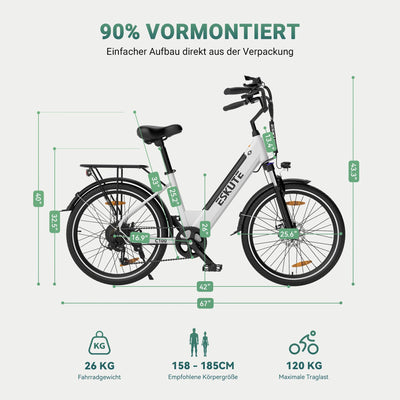 ESKUTE C100 E-Bike, 26 Zoll Elektrofahrrad, E-Cityrad 250W HeckMotor, 375Wh Wechselakku,bis zu 60km, LCD-Display, Tiefeinsteiger E-CityBike Für Damen und Herren Erwachsene Weiß