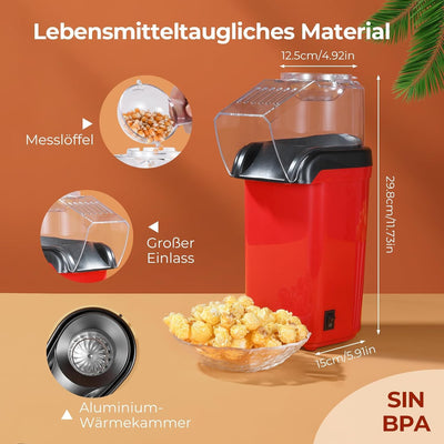 YASHE Popcornmaschine, 1200 W Heißluft Popcorn Maker, Elektrische Popcorn Maschinen, One-Touch-Bedienung, 2 Minuten, Gesund ohne Fett & Öl, Rot