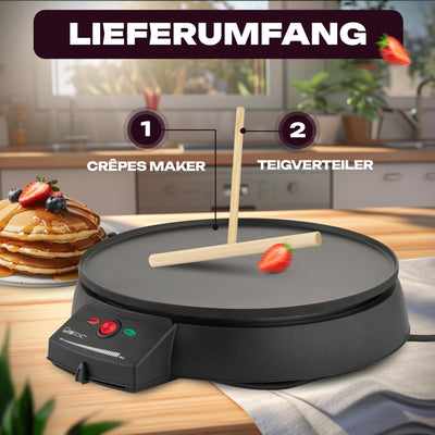 Clatronic Crepes Maker für Crepes mit Ø 29 cm | Crepe Maker inkl. Teigverteiler | antihaftbeschichter Oberfläche | Stufenlos regelbarer Thermostat u. Backampel | Pfannkuchen Maker mit 900 W | CM 3372