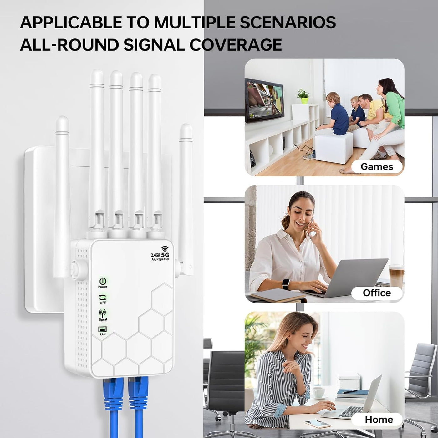 WiFi Repeater, 1200 MPS Dual Band 5GHz und 2.4GHz WiFi Extender, Repeater/Router/AP Modus, WiFi Signalverstärker mit 6 leistungsstarken Antennen, 2 LAN Ports, passend für Zuhause/Büro, etc.