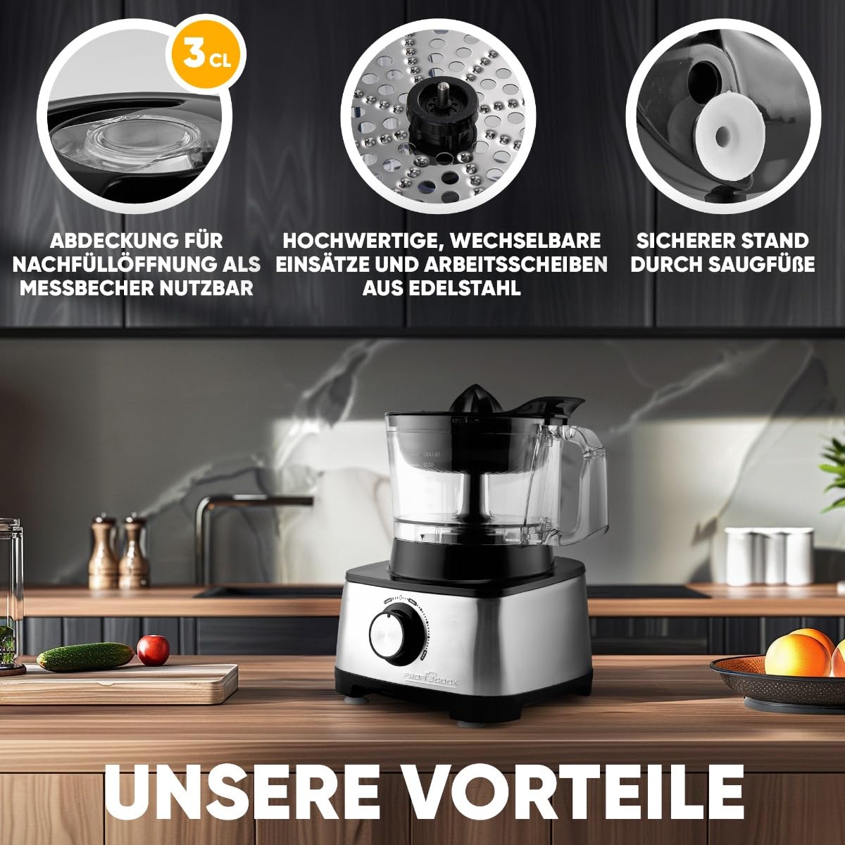 ProfiCook® 3in1 Küchenmaschine | Mixer, Küchenmaschine und Entsafter | 1200W | zum schneiden, raspeln und kneten | Nachfüllöffnung | stufenlose Geschwindigkeit | inkl. 11 Zubehörteilen | PC KM 1063