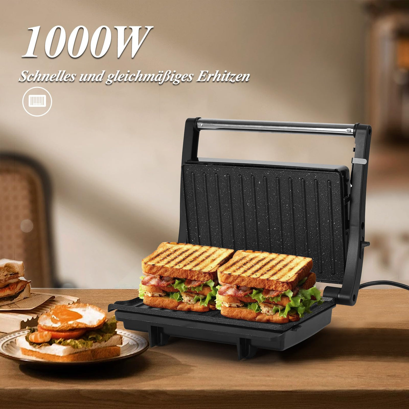 Aigostar York Pro - Kontaktgrill für Sandwiches, Steak, Panini Grill und Sandwichmaker mit Antihaftbeschichtet, 1000W, 23 x 14,5cm, 180º Öffnung, Leicht zu Reinigen.