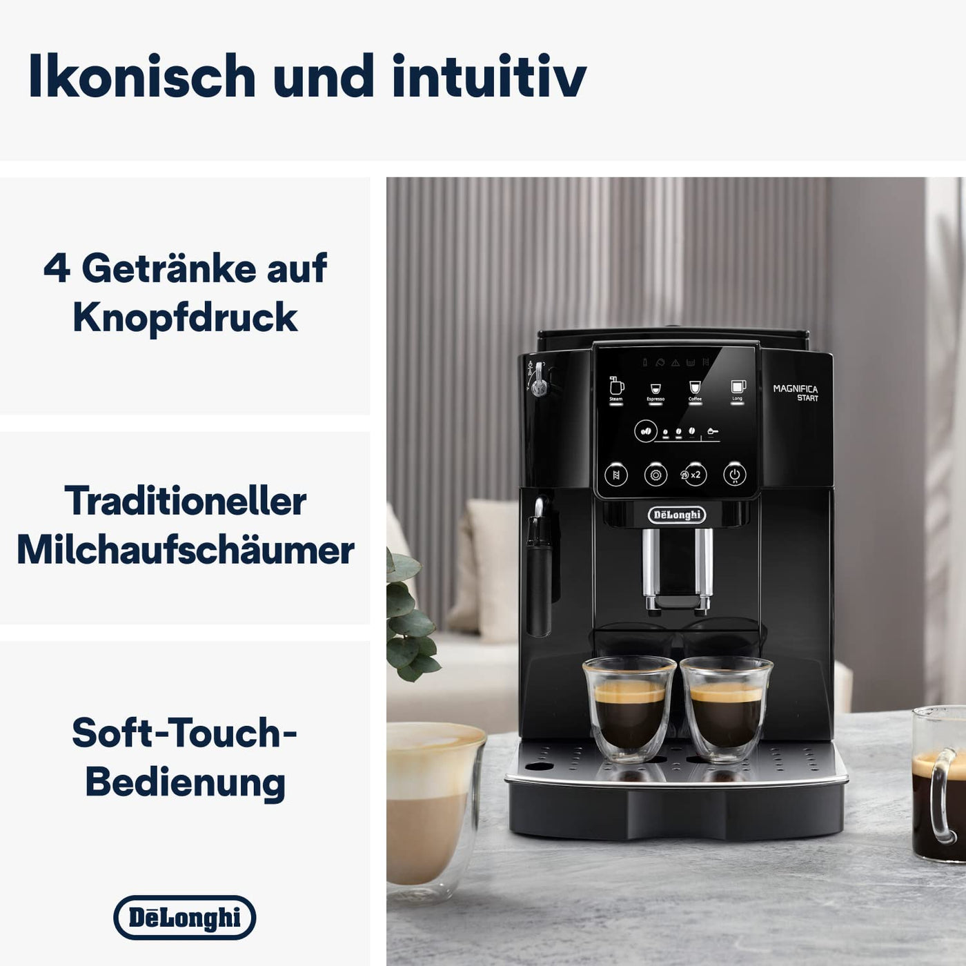 De'Longhi Magnifica Start ECAM222.20.B, Kaffeevollautomat mit Milchaufschäumdüse, für Cappuccino, mit Espresso-Direktwahltase und 2x Espresso Funktion, 13-stufiges Kegelmahlwerk, 1450 W, Schwarz