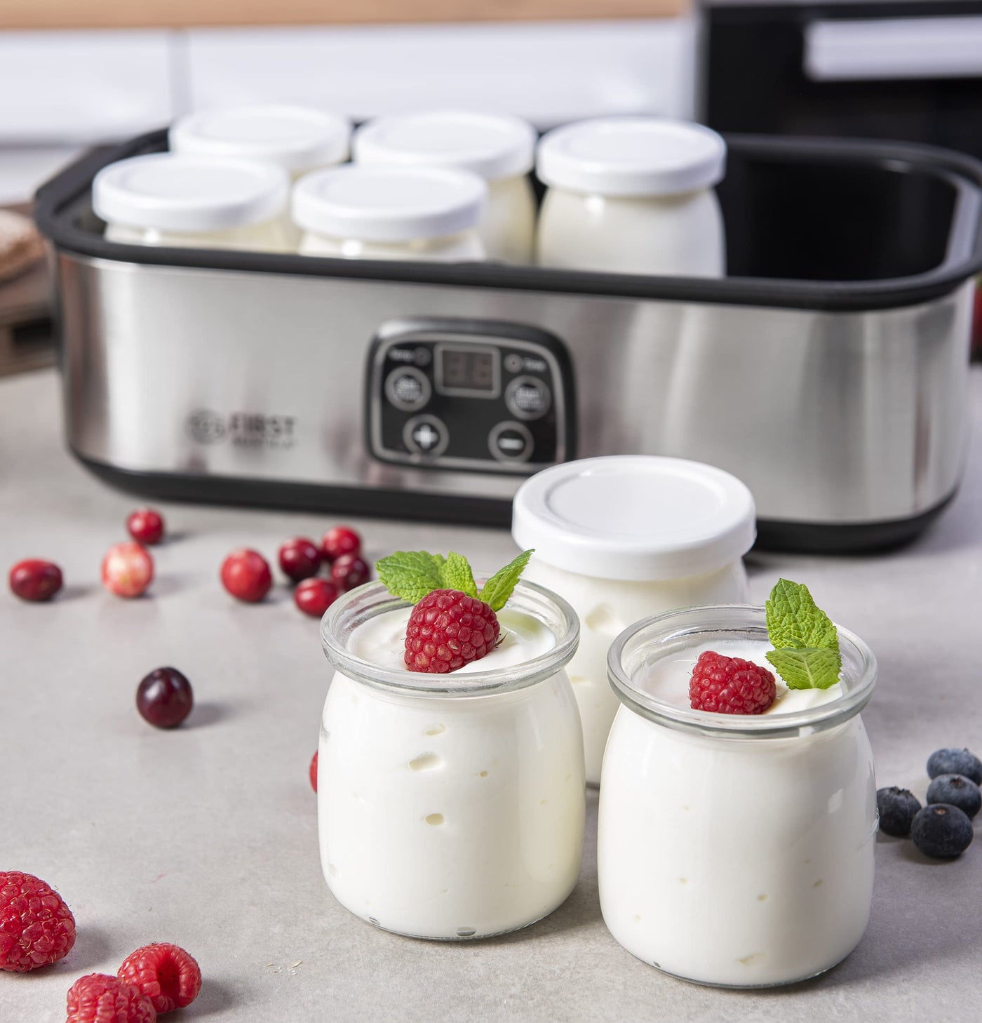 TZS First Austria elektischer Joghurtbereiter, Joghurt Maker, 30 W, 8 Gläser, 190 ml, LCD-Display, Temperatureinstellung, Timer- und Auto-Stop-Funktion, weiß/grau