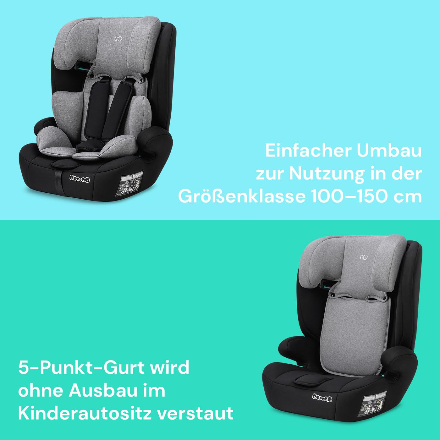 Booboo Safety Berlin, i-Size Kindersitz ohne Isofix ab 1 Jahr, Autositz von 76 bis 150 cm, mitwachsend - Black Grey