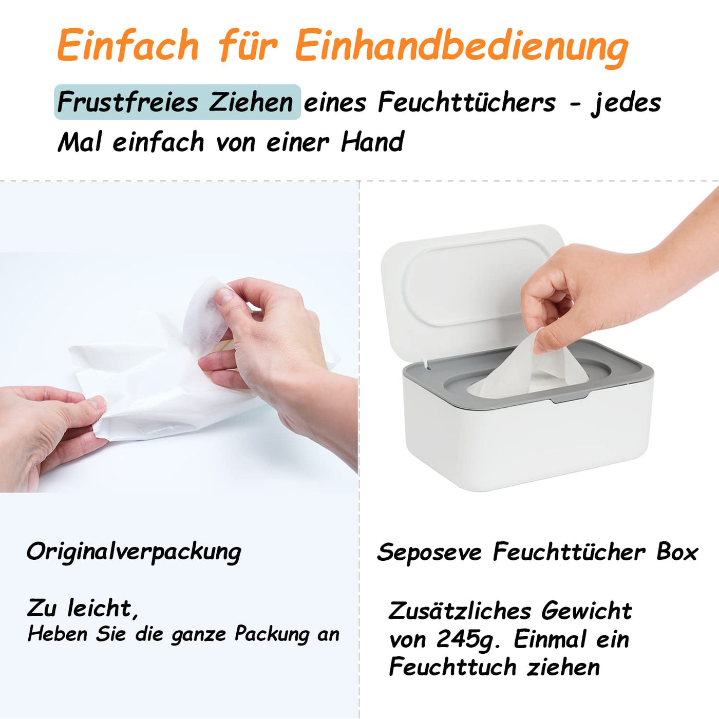 Feuchttücher Box, Seposeve Feuchtuchspender für Baby & Erwachsene, Nachfüllbare Feuchtes Toilettenpapier Box, Hält Tücher Frisch, Einhandbedienung, Grau