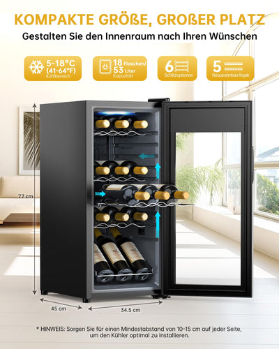 WIE Weinkühlschrank Compressor 53 Liter 18 Flaschen Getränkekühlschrank Kleiner Weinschrank Klein Wein-Kühlschrank mit Glastür,Vollglas-Designtür mit LED Touchpanel,Anti-UV, Wine Fridge 5-18°C