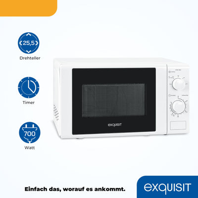 Exquisit Mikrowelle MW 802 | 700 W Leistung | 20 L Garraum | Microwellengerät platzsparend | Lackierter Innenraum | Timer | weiss