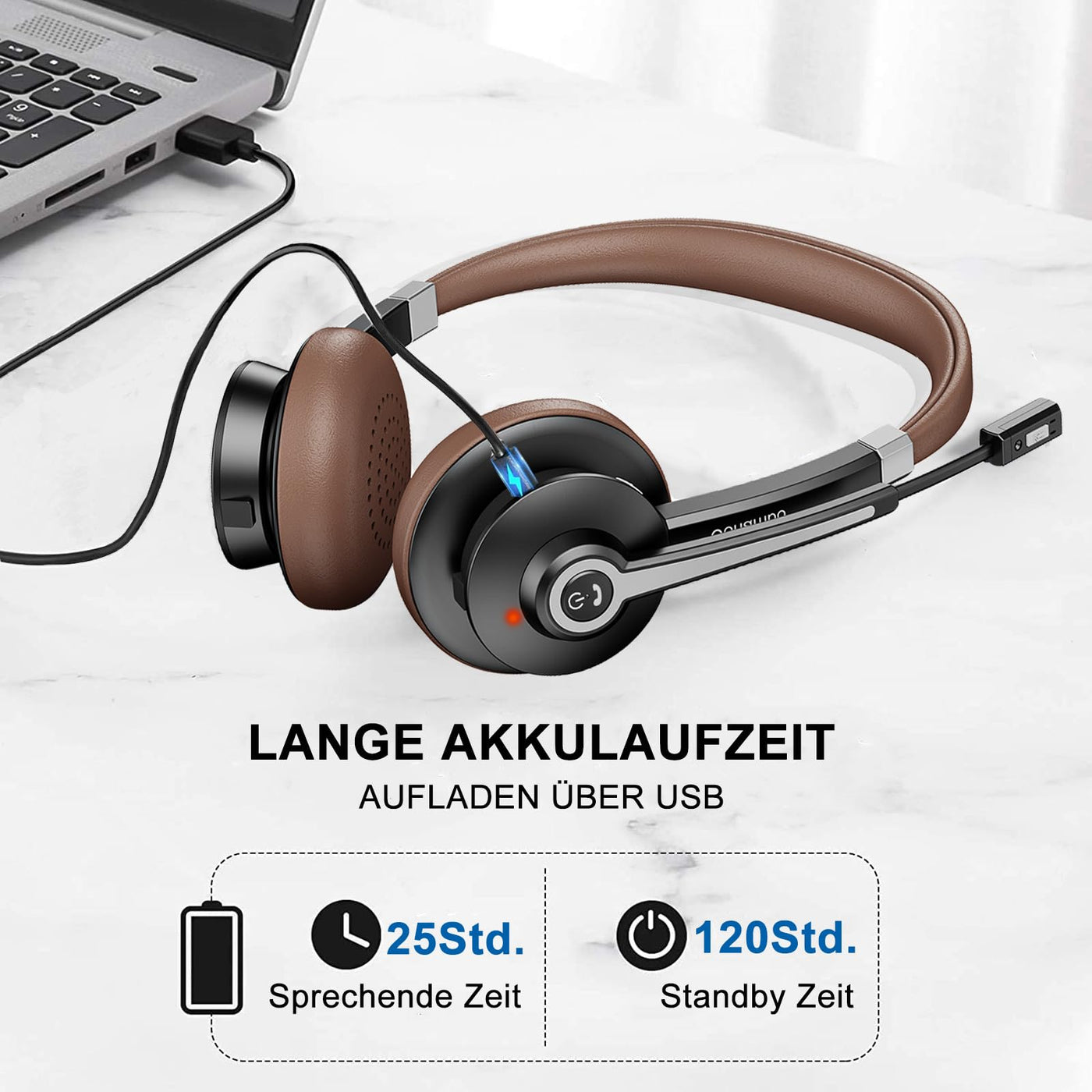 Conambo Bluetooth Headset mit Mikrofon,Kabelloses Headset mit Mikrofon mit HD Stereo Sound & 25 Stunden Spielzeit,Headset Bluetooth 5.0 mit USB-A Dongle für Laptop/PC/Mac-DSP Geräuschunterdrückung