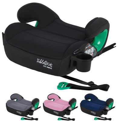 FableKids Sitzerhöhung Auto Kinder Isofix | 3-Punkt-Sicherheitsgurt | Kindersitzerhöhung bis 5 Jahre | Autositz für Kinder 125-150cm mit Becherhalter | ECE R129/03 | Schwarz