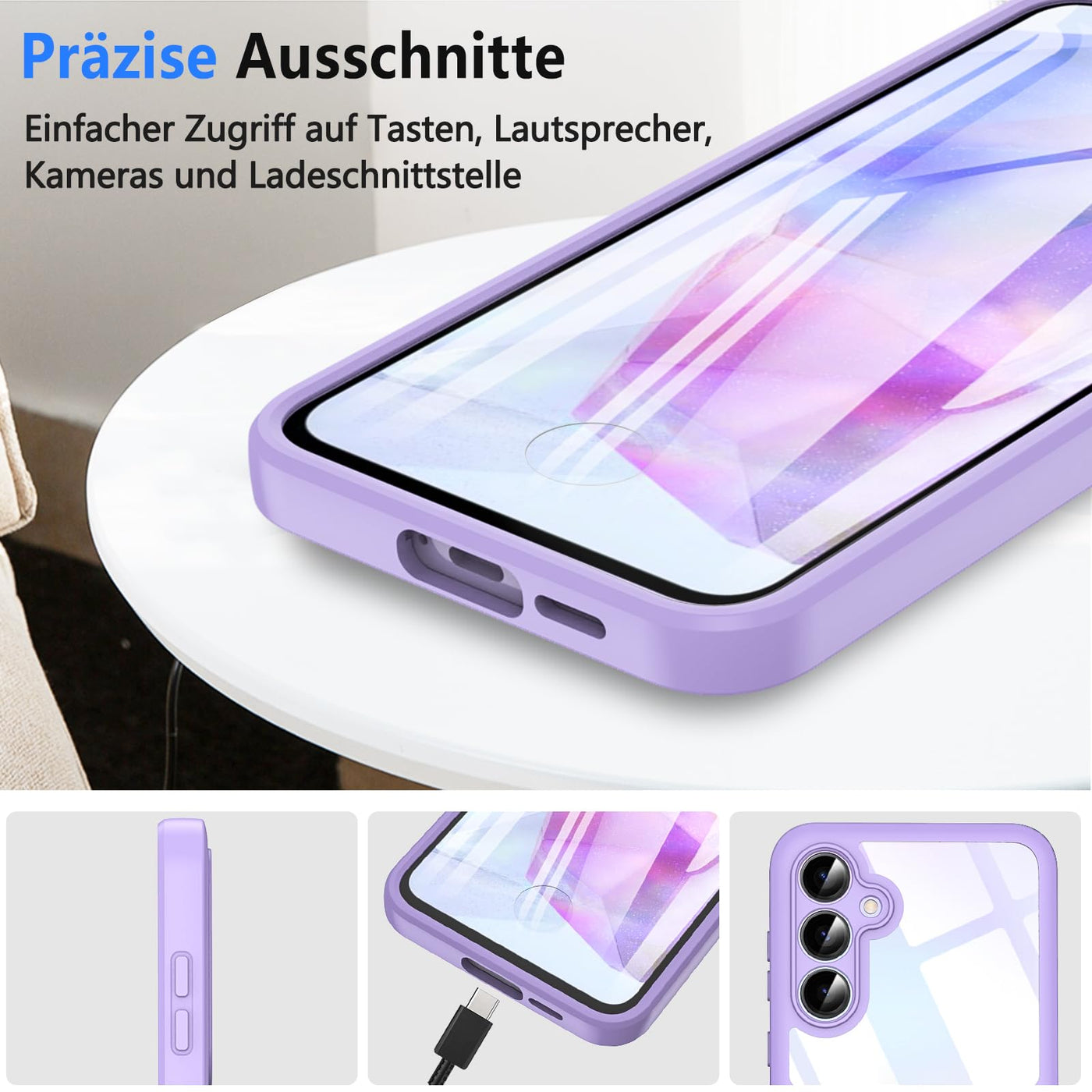 OWKEY für Samsung Galaxy A55 Hülle, Stoßfest Silikon Samsung A55 5G Handyhülle, 360° Rundumschutz Schutzhülle mit Integriertem Displayschutz, Bumper Case für Samsung Galaxy A55 (Lila)