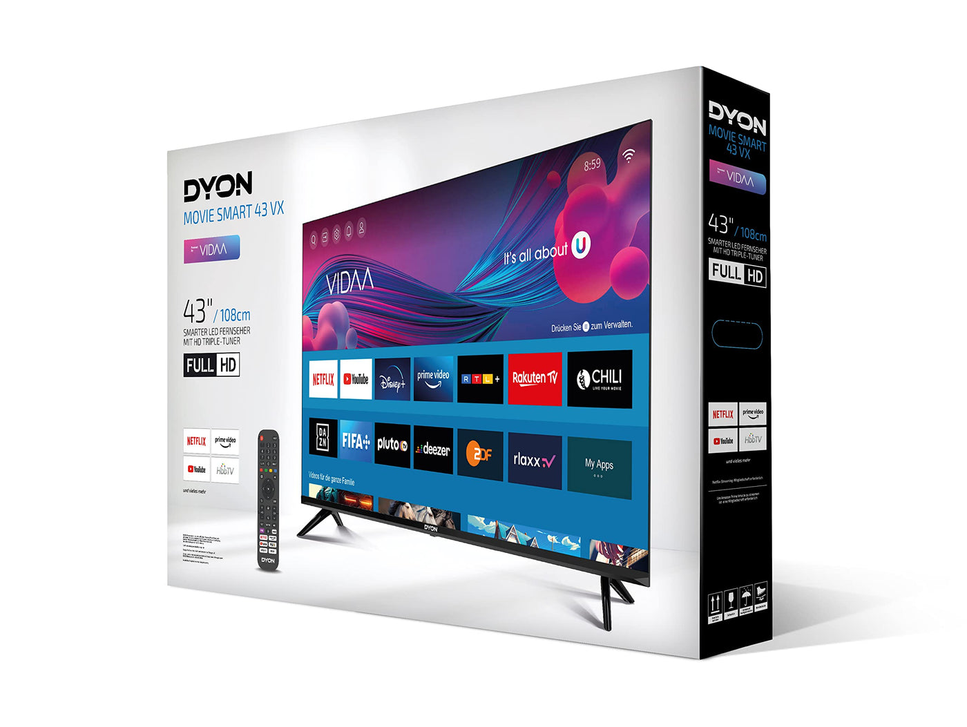 Téléviseur DYON Movie Smart 43 VX 108 cm (43 pouces) (Full HD Smart TV, triple tuner HD (DVB-C/-S2/-T2), App Store, Prime Video, Netflix, YouTube, DAZN, Disney+) [Mod. [2023]