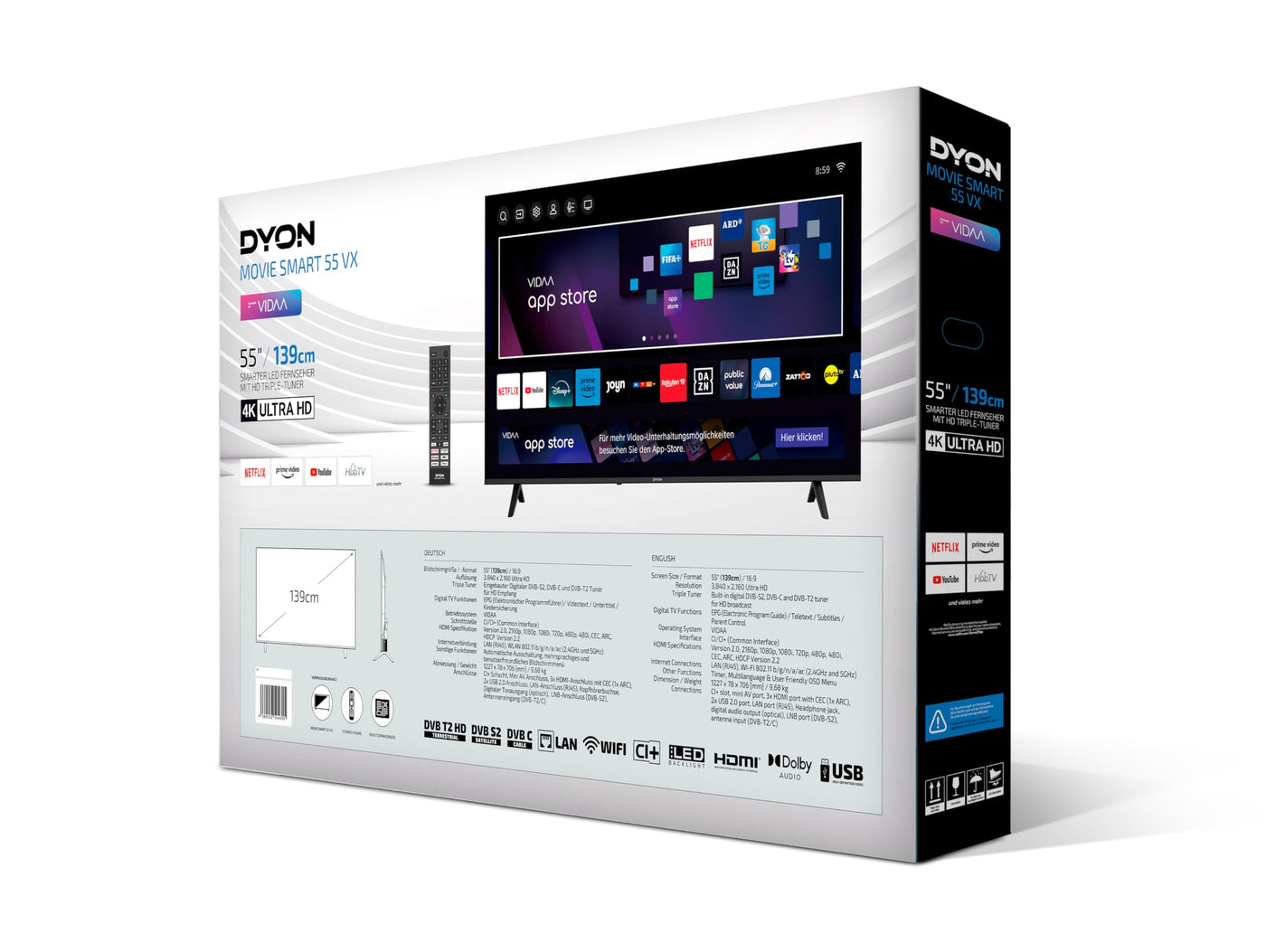 DYON Movie Smart 55 VX - 55 Zoll (139 cm) Fernseher (4K Ultra-HD Smart TV, Triple Tuner (DVB-C/-S2/-T2), App Store, Prime Video, Netflix, YouTube, DAZN, Disney+) [Modelljahr 2024]