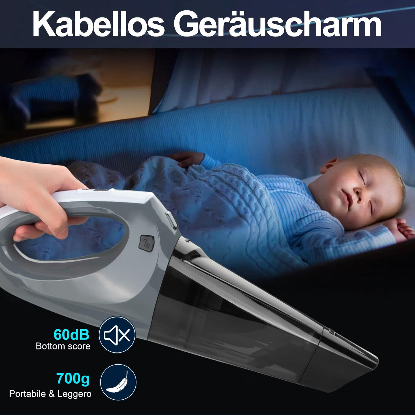 Hihhy Handstaubsauger, 12000Pa Kabellos Handstaubsauger Akku, Tragbarer Mini Staubsauger mit 120W Schnellladung, Handsauger mit LED-Licht für Auto, Haus, Tierhaare, Grau