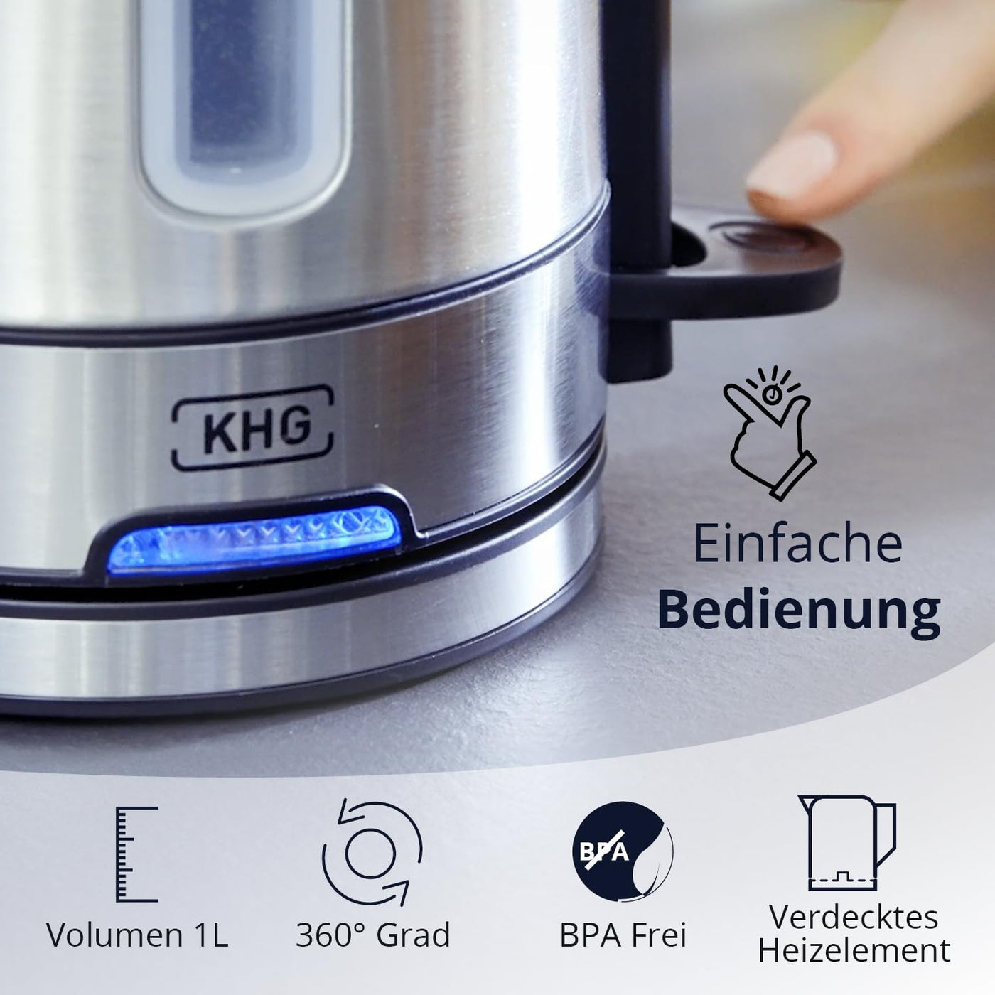 KHG Wasserkocher WK-105 ES Edelstahl, 1 Liter, abwaschbarer Kalkfilter, Wasserstandsanzeige, Öffnen per Knopfdruck, Trockengehschutz & Abschaltautomatik, verdecktes Heizelement, BPA-frei, 2200 Watt