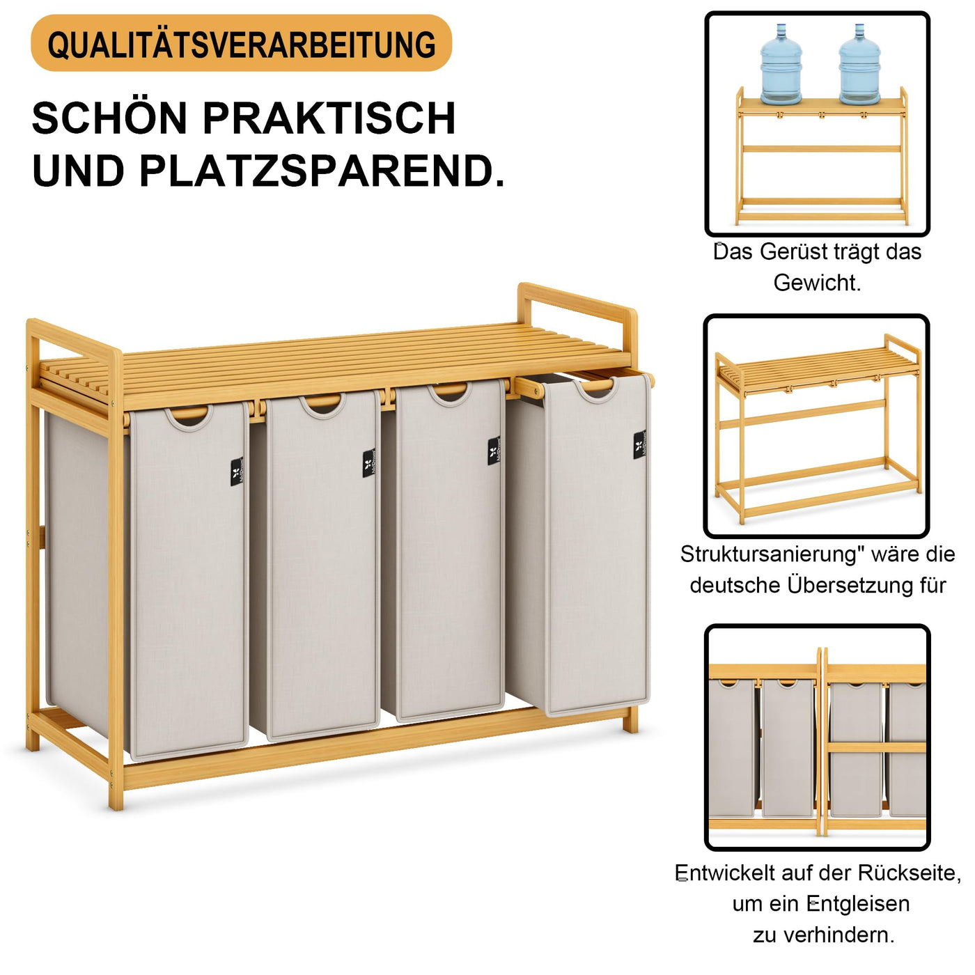 AdelDream Premium Wäschekorb 200L – 4 Fächer, ausziehbarer & abnehmbarer Wäschesack mit Bambusrahmen, Hellgrau – Wäschesammler & Wäschebox für Badezimmer & Schlafzimmer