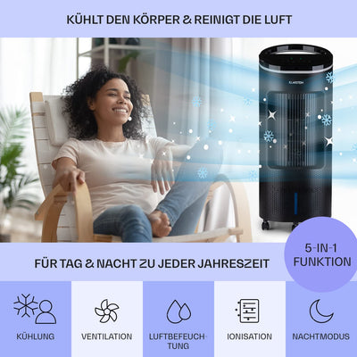 Klarstein Luftkühler mit Wasserkühlung, Leiser 4-in-1 Verdunstungskühler, Luftbefeuchter, Ventilator & Nachtmodus, Mobile Klimageräte Luftkühler 7L, 65W Air Cooler, 330m³/h Kühlender Luftstrom