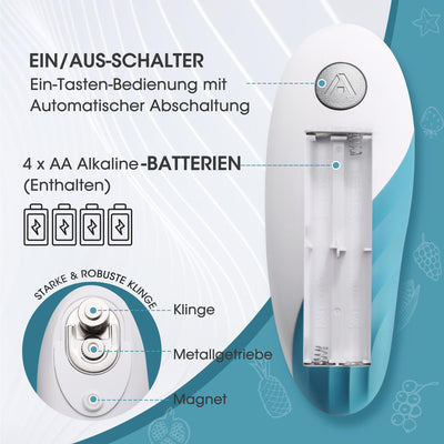 HAUSHOF Elektrischer Dosenöffner, One Touch Dosenöffner, Automatische 360°-Drehung & Automatischer Stopp, Küchenhelfer für Köche, ältere Menschen, Kinder & Verletzte, Mit 4 AA-Batterien, Blau