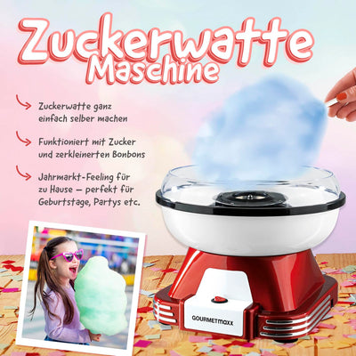 GOURMETmaxx Zuckerwattemaschine für Zuhause mit Zubehör | Retro Cotton Candy Machine Nostalgie mit Zuckerwatte-Stäbchen und Mess-Löffel | Zuckerwatte für Kinder Party [Rot Weiß]