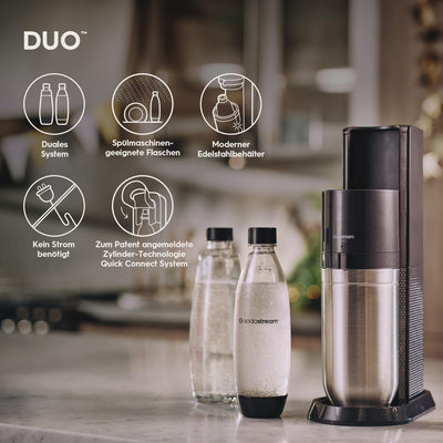 SodaStream Wassersprudler DUO mit CO2-Zylinder, 2x 1L Glasflasche und 2x 1L spülmaschinenfeste Kunststoff-Flasche, Höhe: 44cm, Farbe: Titan, 29x25.6x44.4