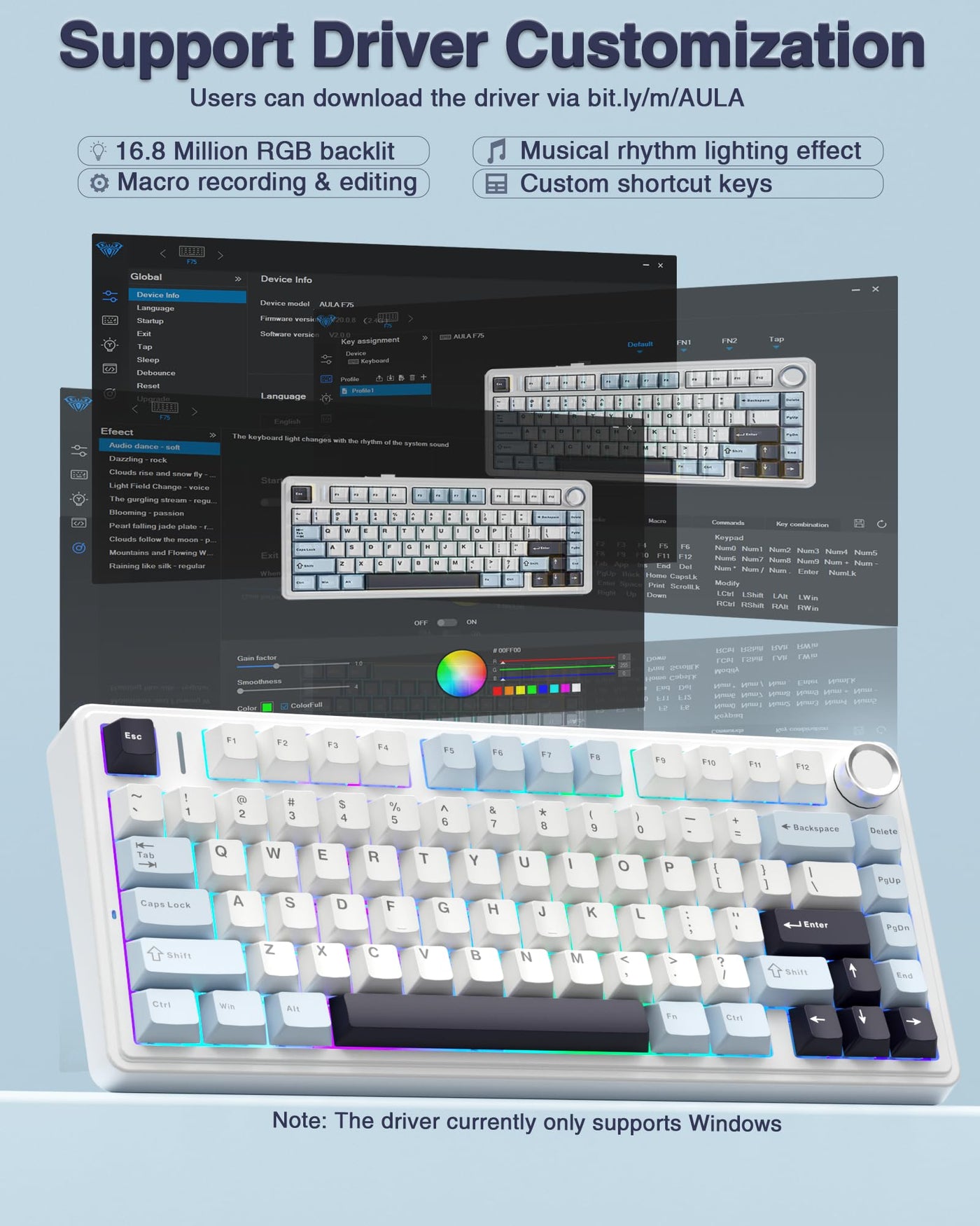 AULA F75 Mechanische Tastatur Gaming,2.4G/Type-C/BT5.0 75% Prozent Tastatur mit Multifunktionsknopf,Struktur der Dichtung Gaming Tastatur Kabellos,Hot Swap Wireless RGB Tastatur,QWERTY (Gletscherblau)