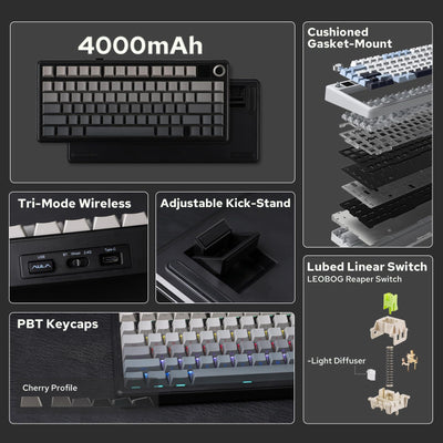 EPOMAKER X Aula F75 MAX Tri-Mode-Gaming-Tastatur, kabellos, TFT-Bildschirm, Drehknopf, Hot-Swap-fähig, 2,4 GHz/Typ C/BT5.0, cremige Dichtung, für PC/Mac/Büro/Gaming (Schwarz, Reaper Switch)