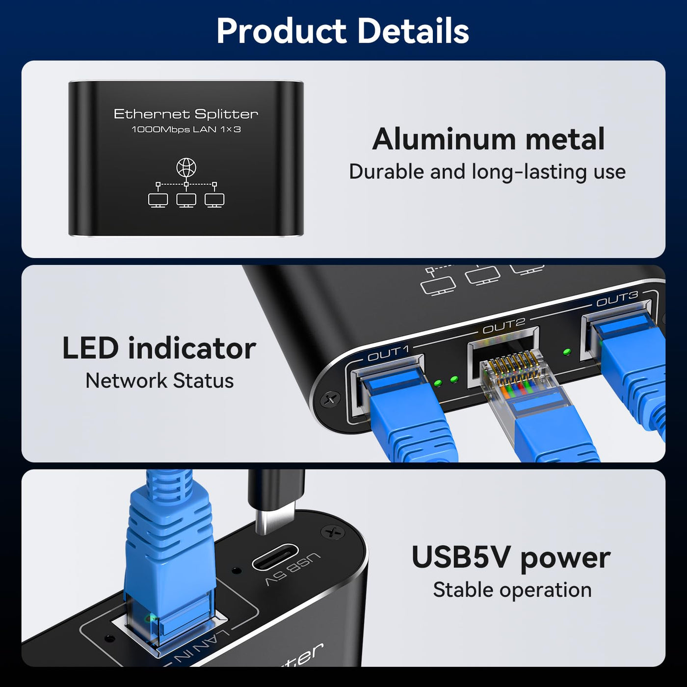 VEDINDUST LAN Switch 1 Auf 3 1000Mbps Netzwerk Splitter Aluminium Gigabit Ethernet Verteiler Mit USB-C-Netzkabel für Computer, Router, Set-Top Box