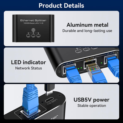 VEDINDUST LAN Switch 1 Auf 3 1000Mbps Netzwerk Splitter Aluminium Gigabit Ethernet Verteiler Mit USB-C-Netzkabel für Computer, Router, Set-Top Box