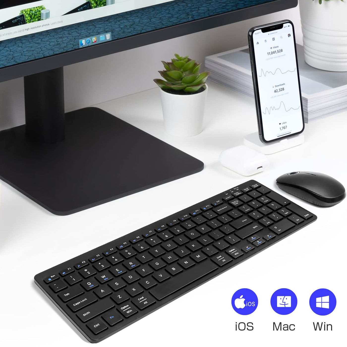 Echaar Tastatur Maus kabellos Set Kompakte Tastatur mit ziffernblock Leise Funktastatur und Maus Tastatur kabellos dünne Tasten 2,4 GHz via USB Empfänger Für PC/Laptop/Windows/iOS/Mac/Android