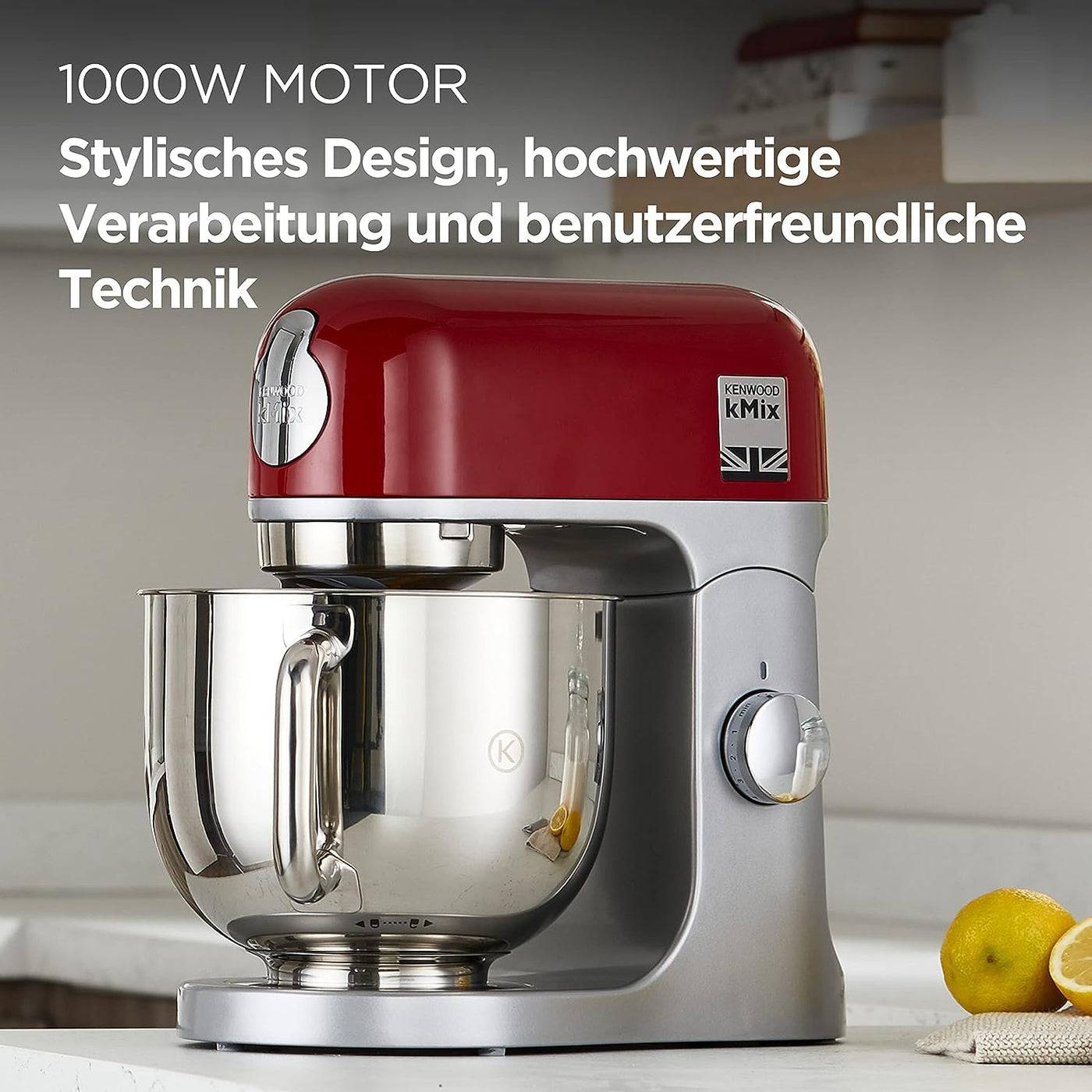 Kenwood kMix KMX750RD Küchenmaschine, 5 l Edelstahl Schüssel, Safe-Use-Sicherheitssystem, Metallgehäuse, 1000 Watt, inkl. 3-Teiligem Patisserie-Set und Spritzschutz, Rot