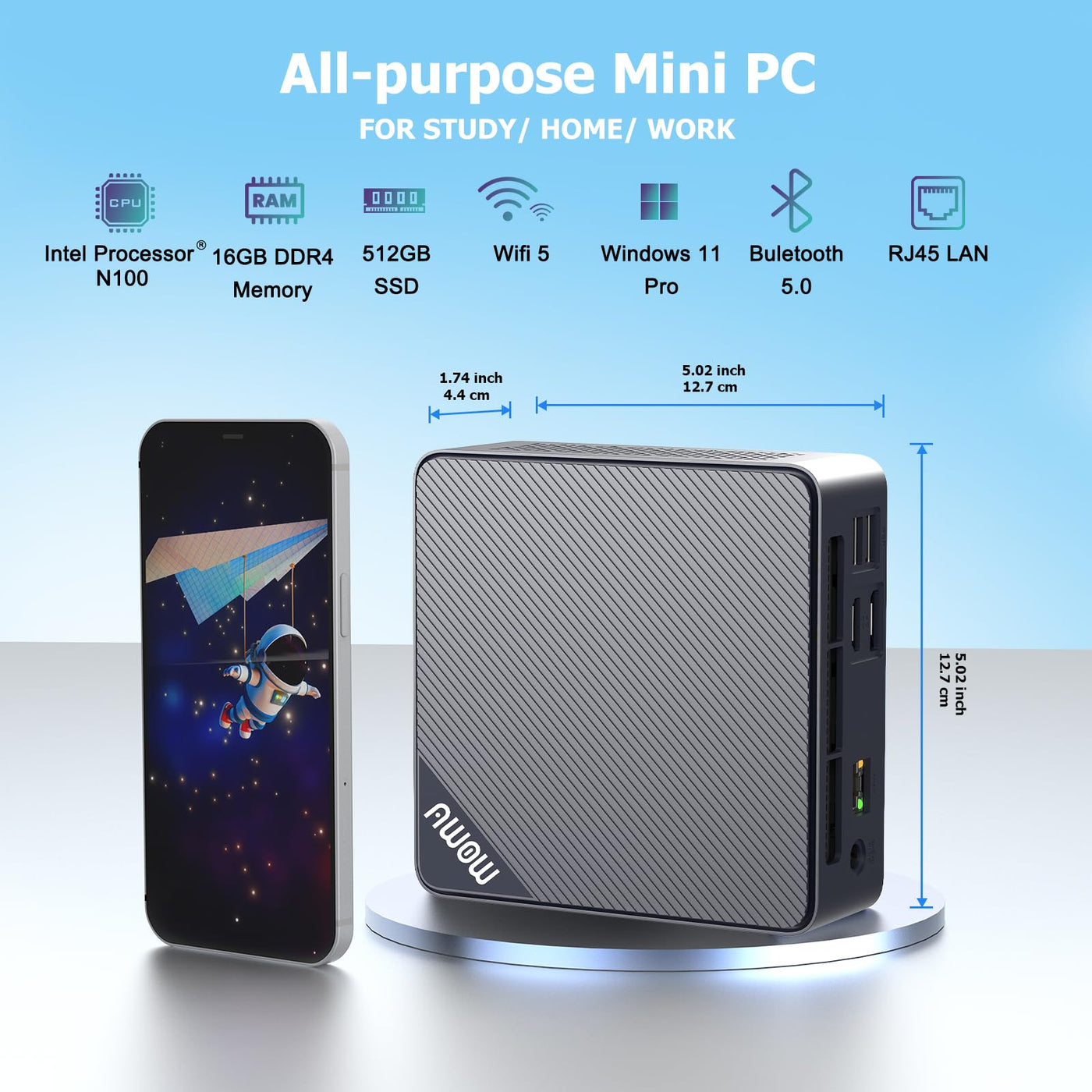 AWOW Mini PC Wi-11 Pro Gen12 N100 Quad Core 3.40 GHz, 16 GB DDR4 512 GB M.2 SSD Mini Desktop Computer, Micro PC Dual Display HDMI DP 4K@60 Hz RJ45 Gigabit Ethernet, WiFi5